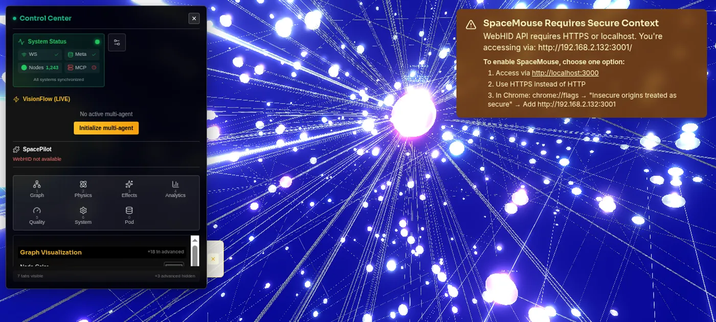 VisionClaw browser-based knowledge graph with force-directed layout, control panel, and SpaceMouse integration