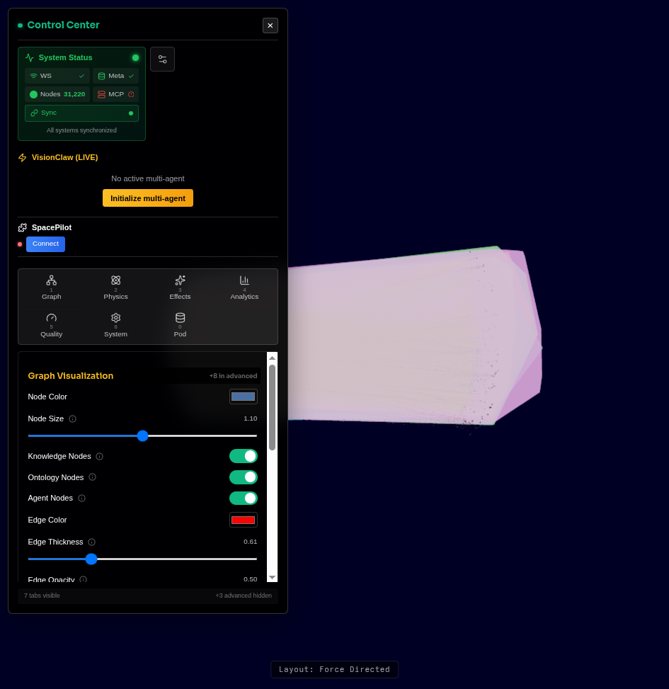 VisionClaw Control Center showing live System Status: WebSocket and metadata connected, 31,220 nodes synced, knowledge/ontology/agent layers enabled